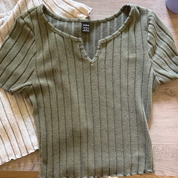 SHEIN Ribbed V-Neck Tops - Black, Cream, Green - Picture 2 of 5